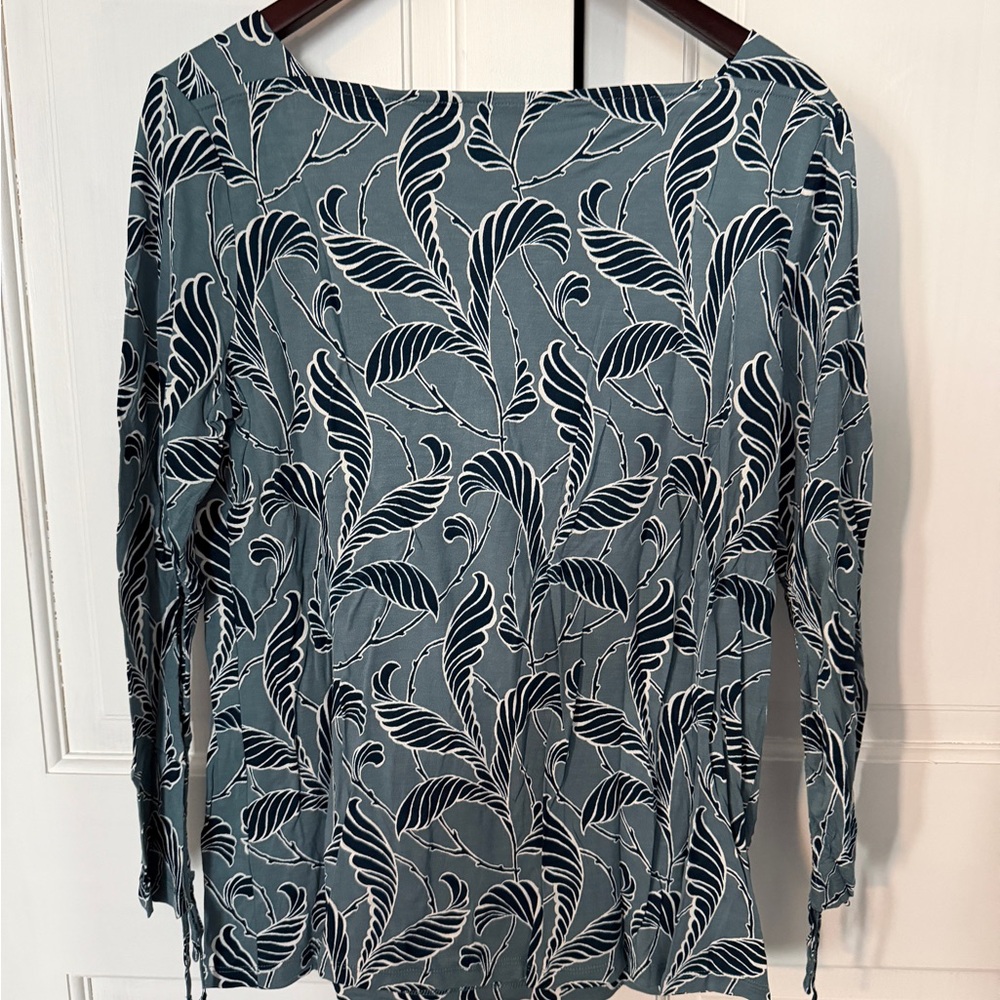Ann Taylor Dusty Blue and White Leaf Print Top